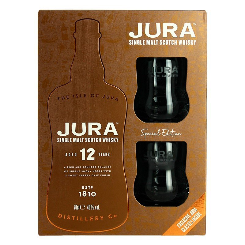 JURA 12 YO Highlands Single Malt Scotch Whiskey Gift Box + 2 Glasses