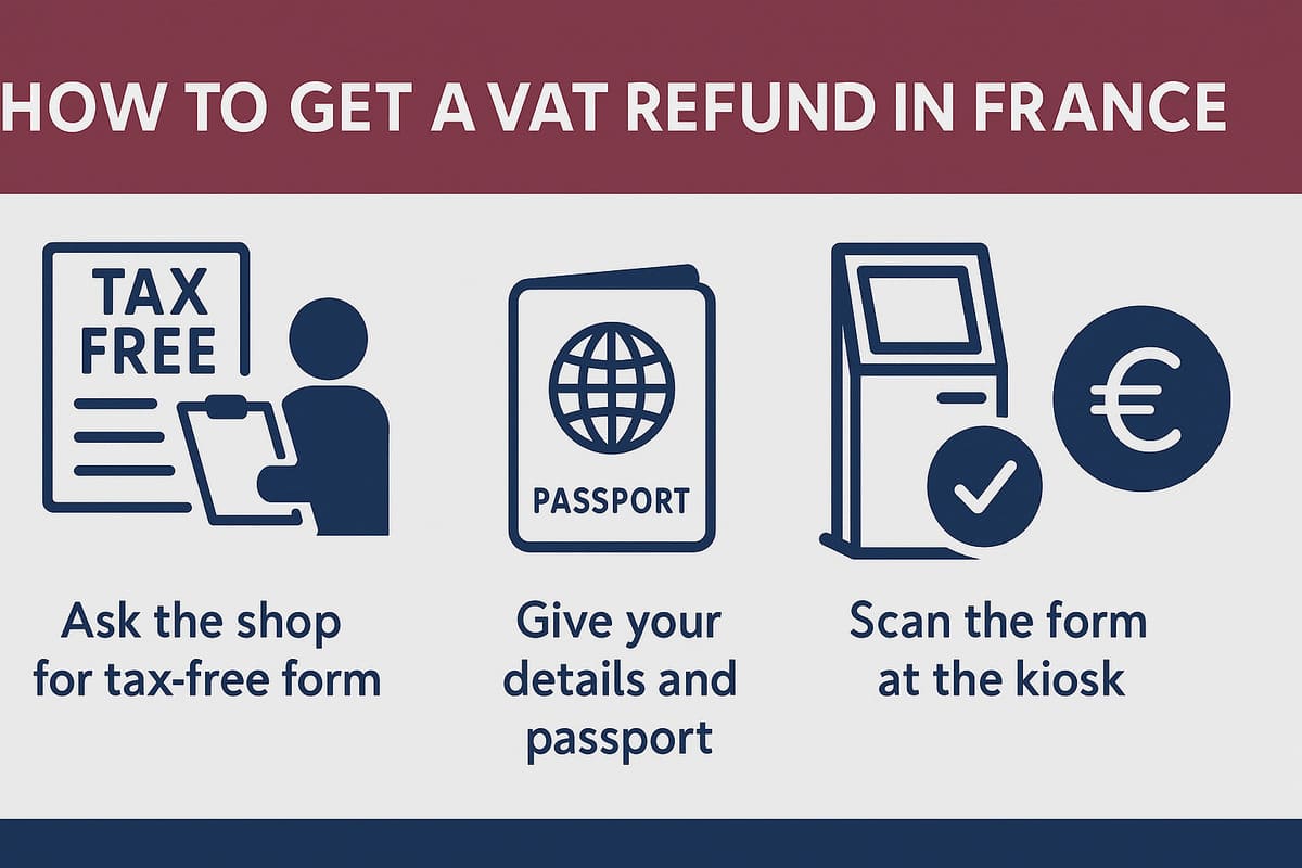 Step-by-step guide to claim VAT refund in Calais: request your tax-free form, provide your passport, scan the form at the terminal kiosk, receive your refund