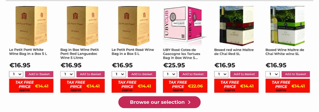 Bag in box wine selection in Calais with tax-free prices at Calais Vins