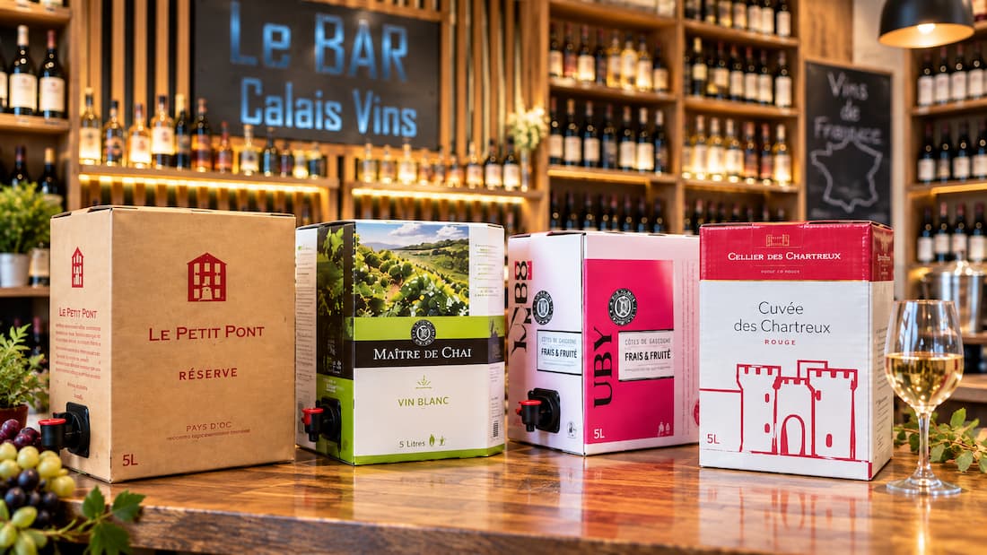 5 litre bag in box wine selection at the Calais Vins bar in Calais