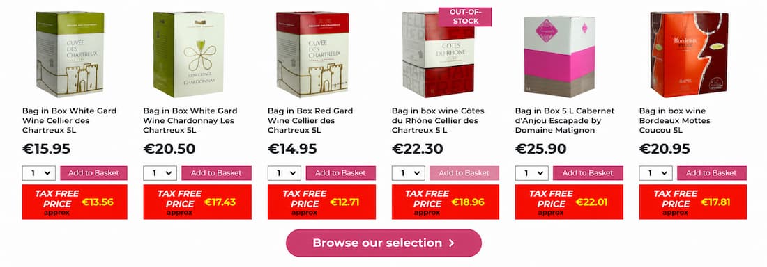 Cheap bag in box wine in Calais with tax-free prices for UK shoppers