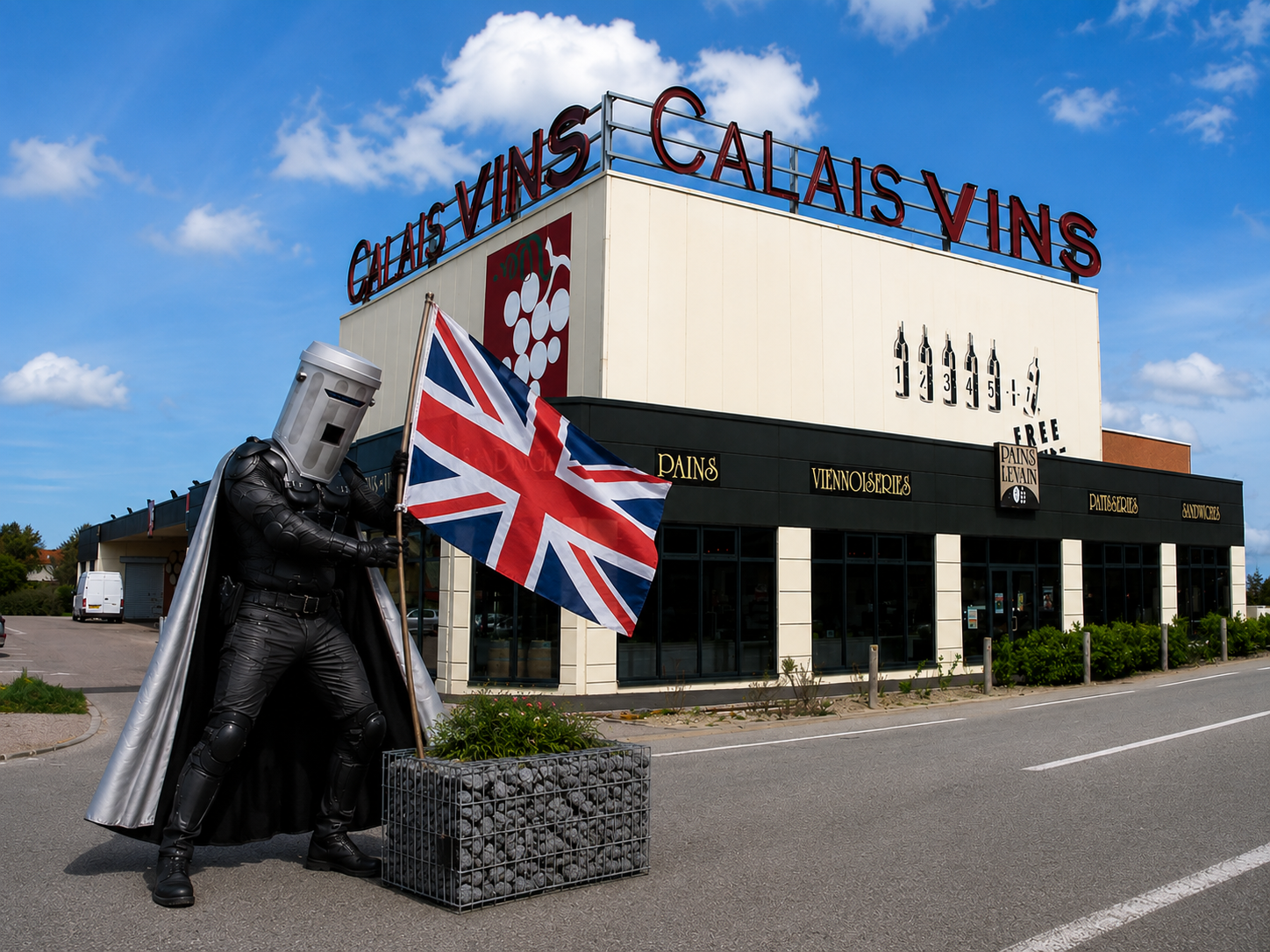 Count Binface planting a British flag outside Calais Vins wine shop, Bastille Day