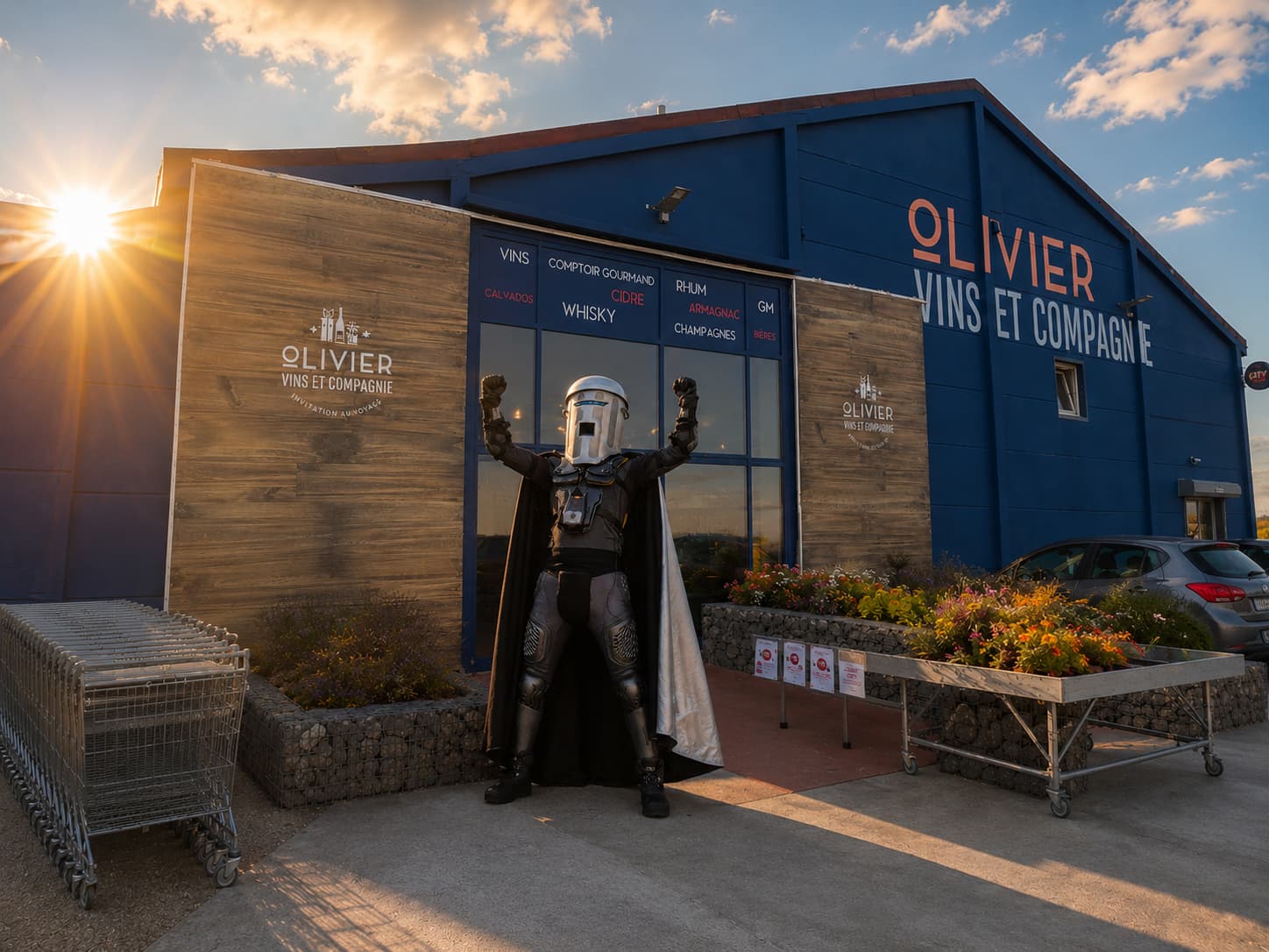 Count Binface relaxing outside Calais Vins wine shop storefront