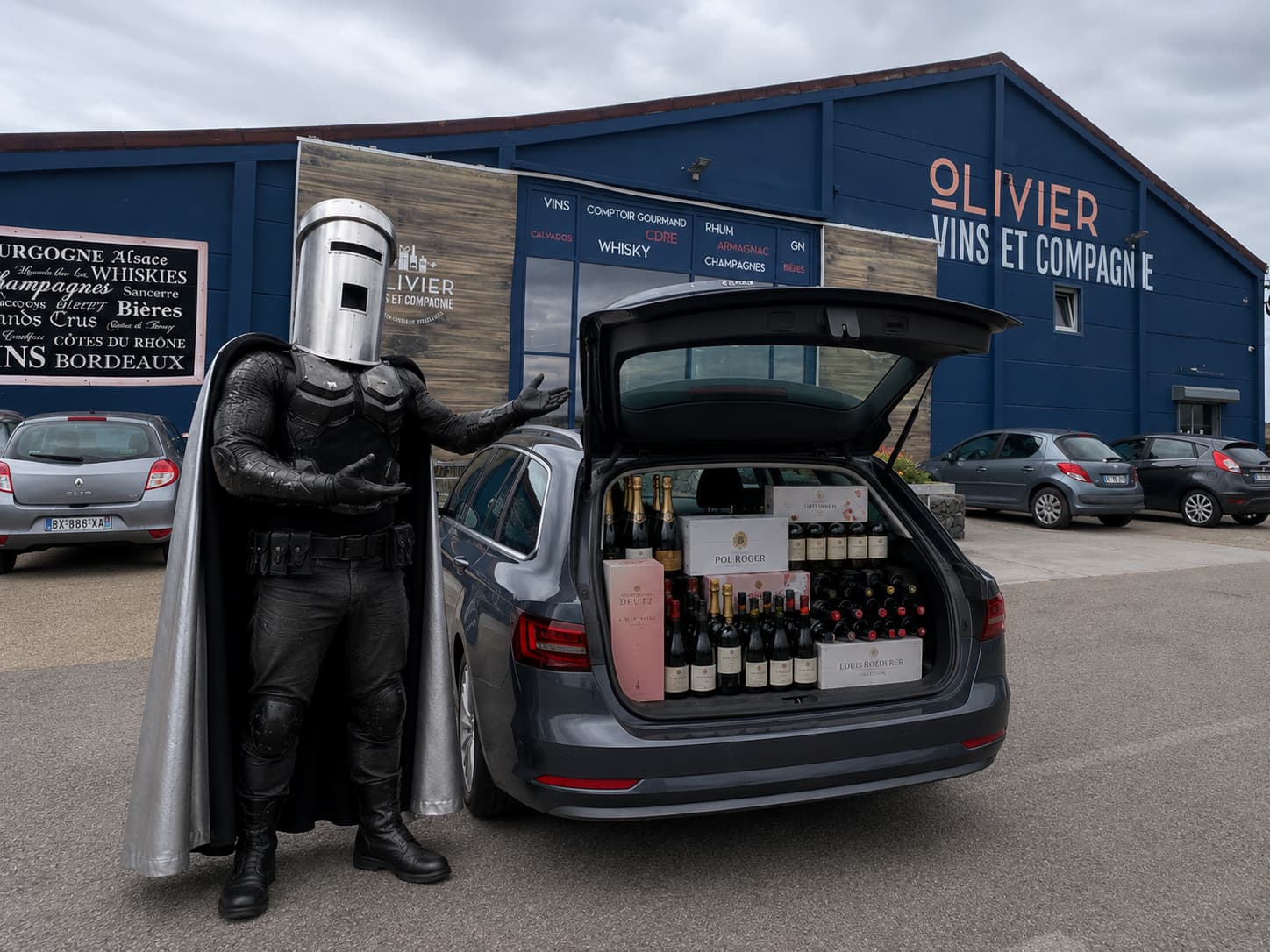 Count Binface inspecting a car boot full of wine bottles outside Calais Vins