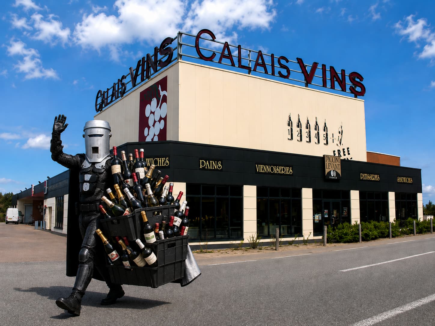 Count Binface leaving Calais Vins with a crate full of wine bottles