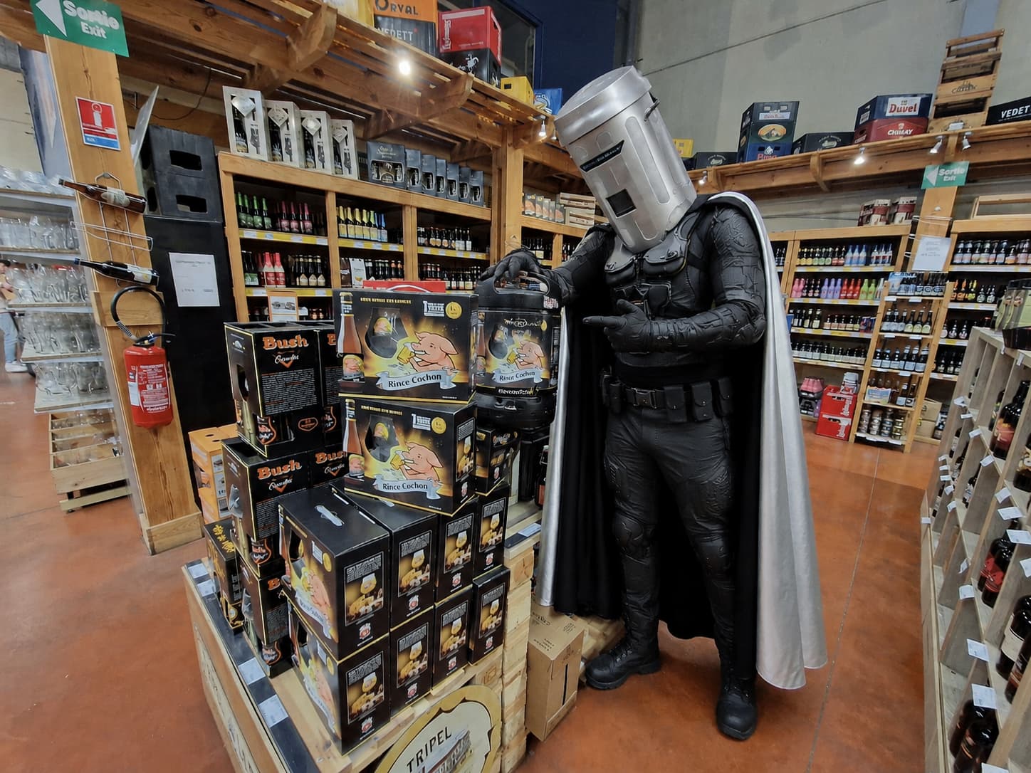 Count Binface inspecting Perfect Draft beer kegs at Calais Vins
