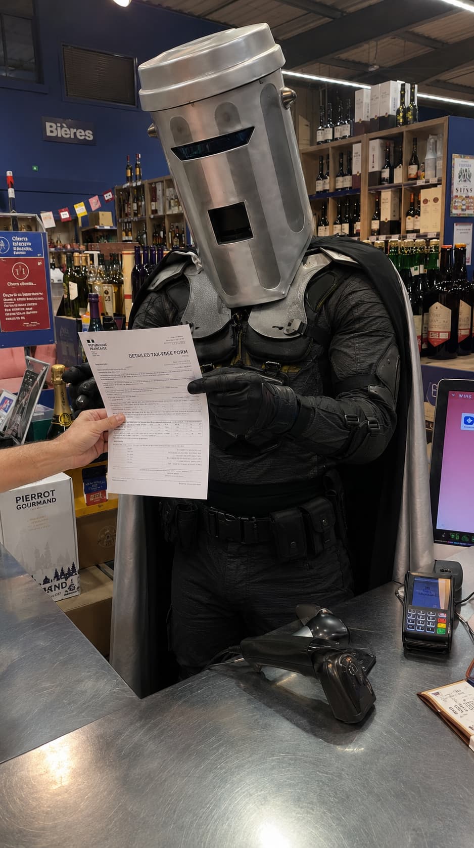 Count Binface examining a tax-free VAT refund form at Calais Vins counter