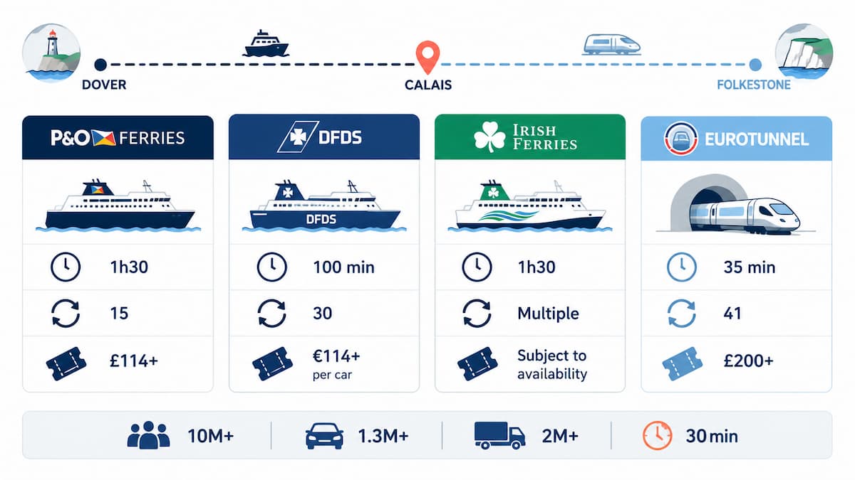 Infographic comparing Dover to Calais crossing times, daily sailings and starting prices for P&O Ferries, DFDS, Irish Ferries and Eurotunnel.