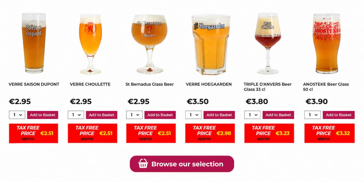 Selection of official Belgian and French beer glasses available in a Calais duty-free wine, beer and spirits store.