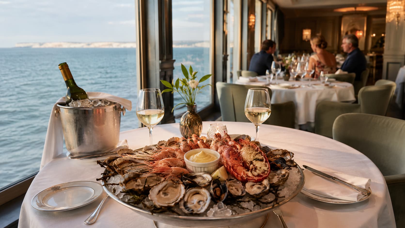 Seafood platter with oysters, lobster, langoustines and mussels served with a bottle of white wine in a fine dining restaurant overlooking the English Channel in Calais.