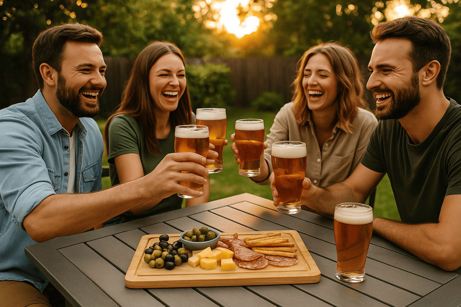 Friends enjoying summer beers in a garden with a sunset, BBQ in background and beer glasses on the table